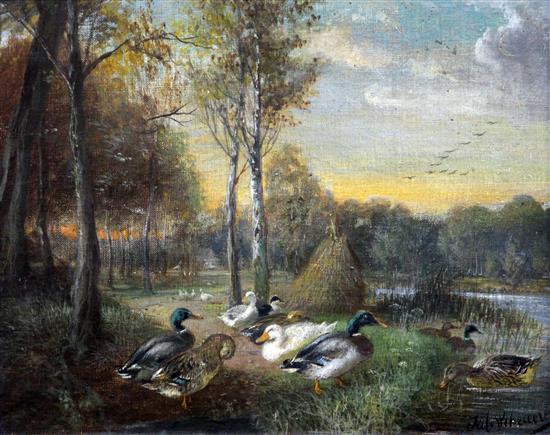 Julius Scheuerer (1859-1913) Ducks beside a lake, 9 x 11.5in.
